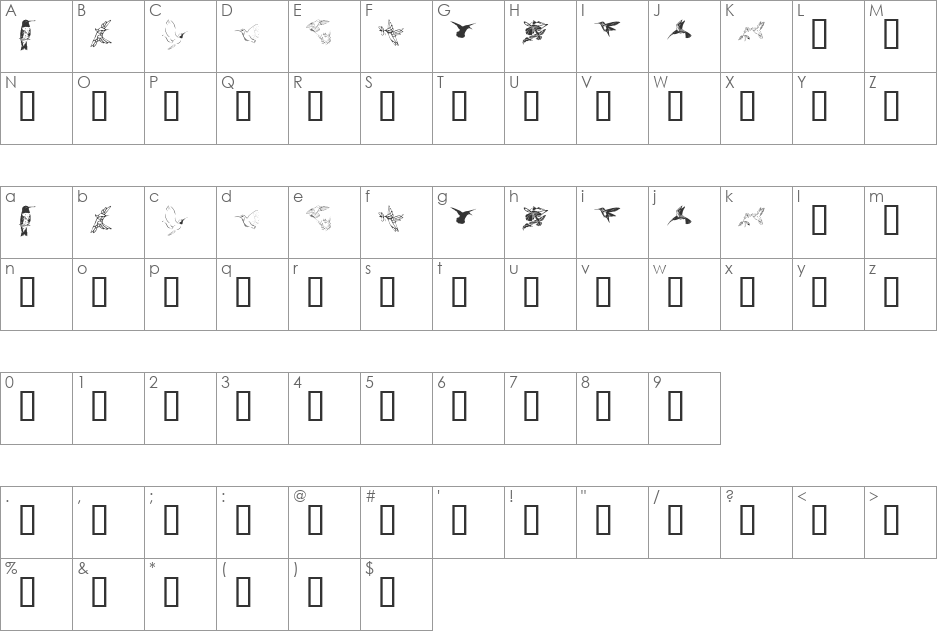KR Renee's Hummingbirds Two font character map preview