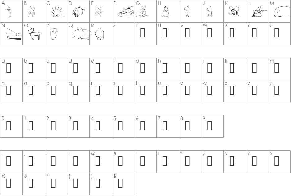 KR Scrappin Animals font character map preview