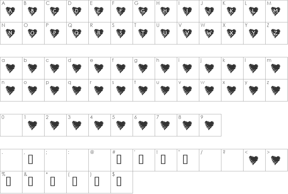 KR Scribble Heart font character map preview