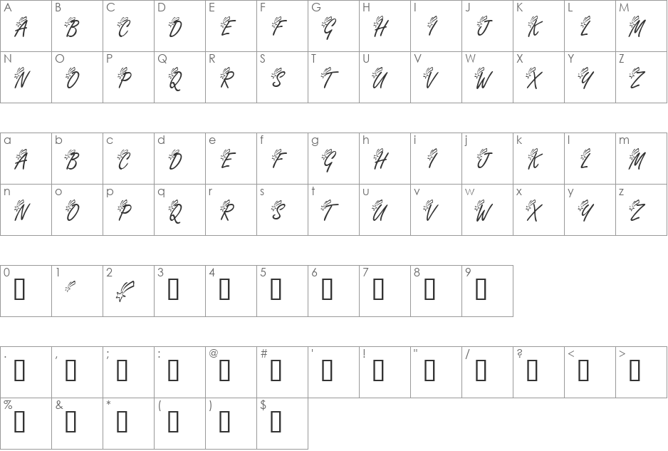 KR Shooting Star (Left) font character map preview