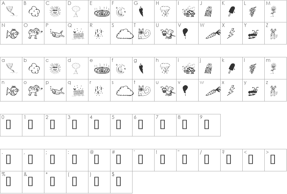 KR Silly Art Dings font character map preview