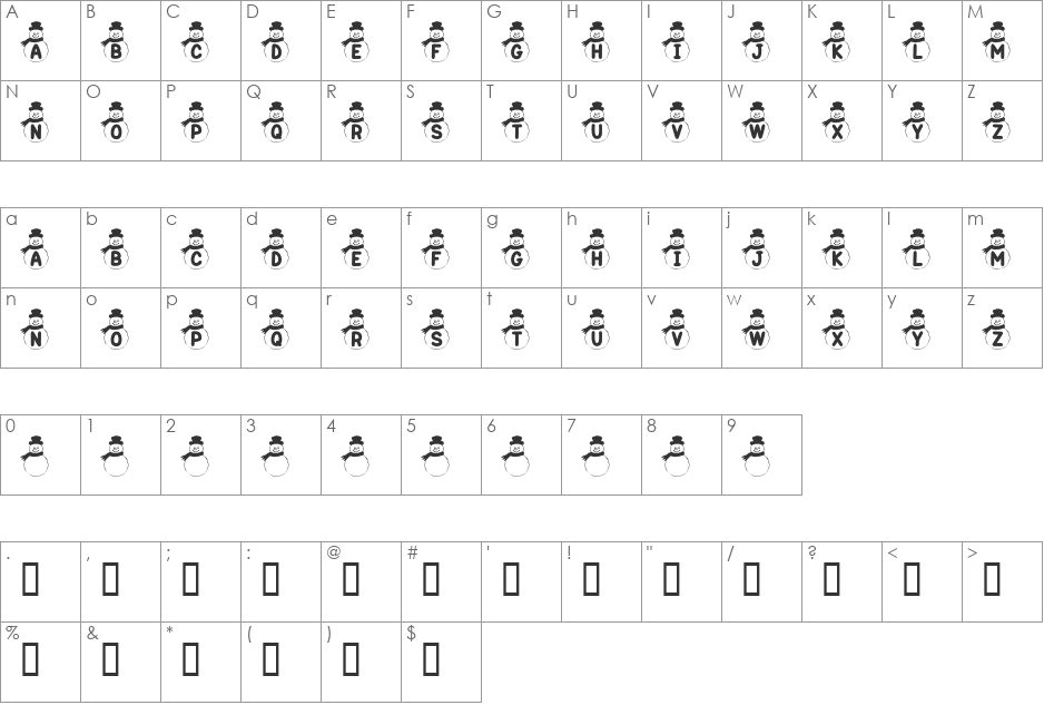 KR Snowman font character map preview