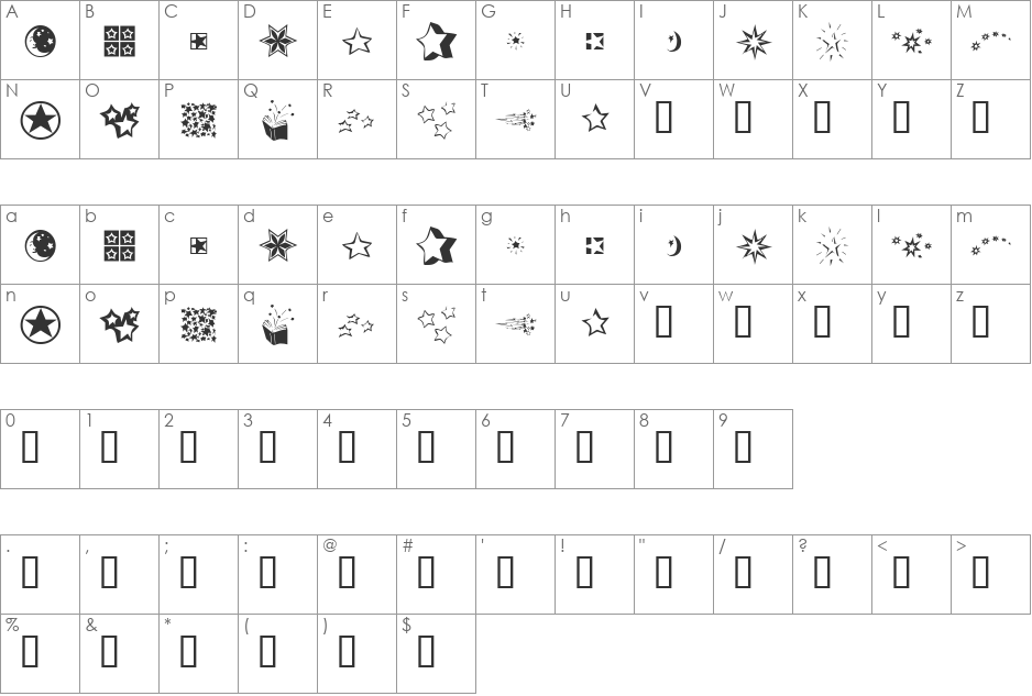 KR Star Struck font character map preview