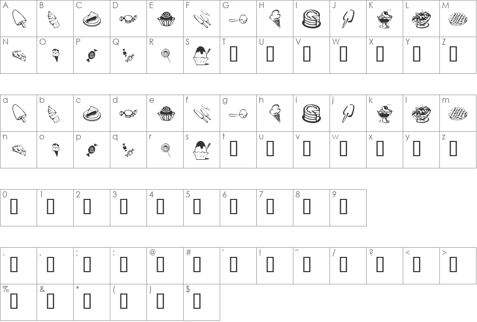 KR Sweet Tooth font character map preview