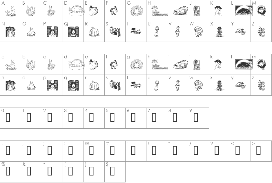 KR Thanksgiving 2002 font character map preview