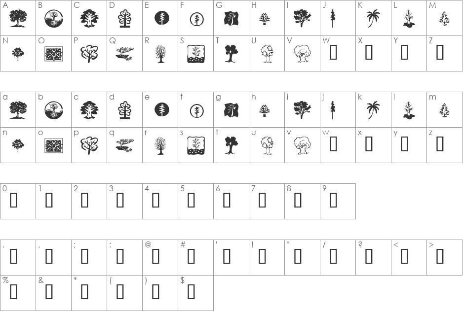 KR Trees font character map preview