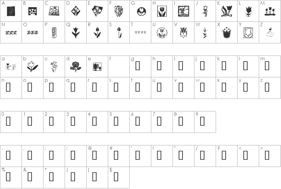KR Tulips font character map preview