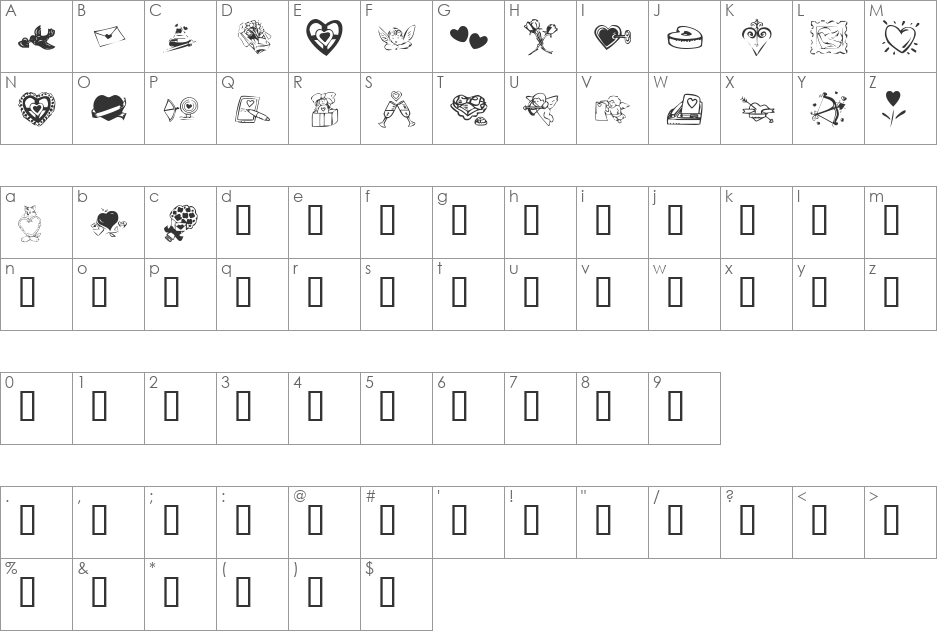 KR Valentine 2003 font character map preview