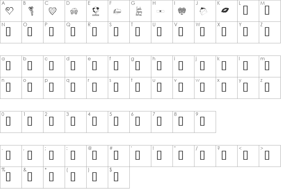 KR Valentine Dings font character map preview