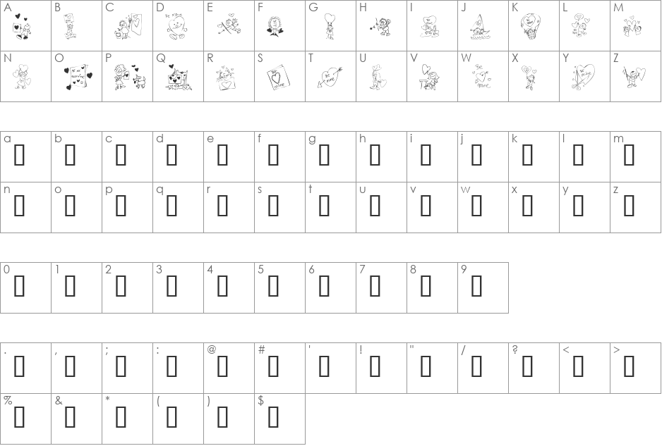 KR Valentine Kids 2006 font character map preview