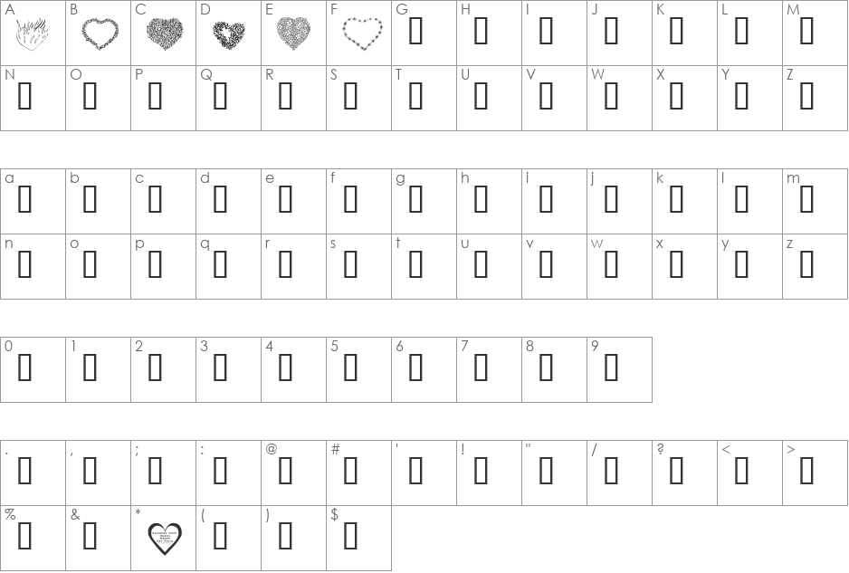 KR Valentines 2006 Eight font character map preview