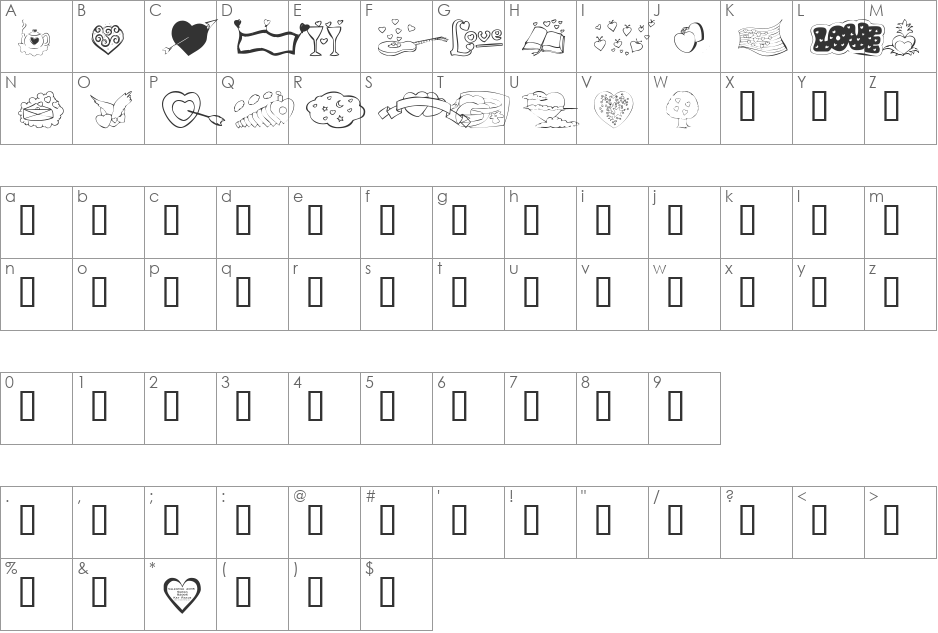 KR Valentines 2006 Five font character map preview