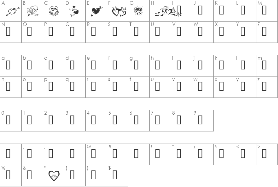 KR Valentines 2006 Four font character map preview