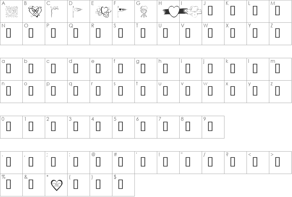 KR Valentines 2006 Nine font character map preview