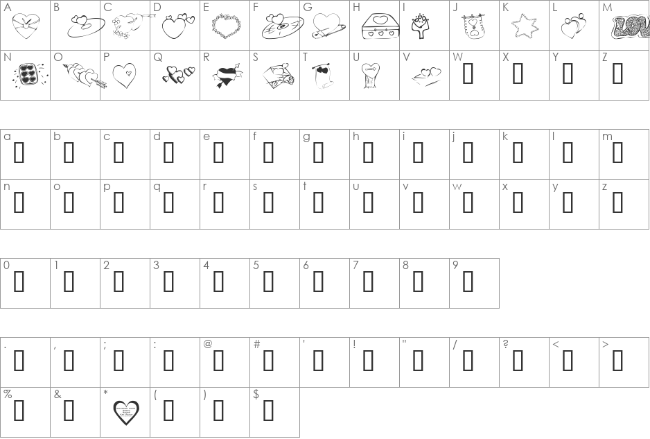 KR Valentines 2006 Seven font character map preview