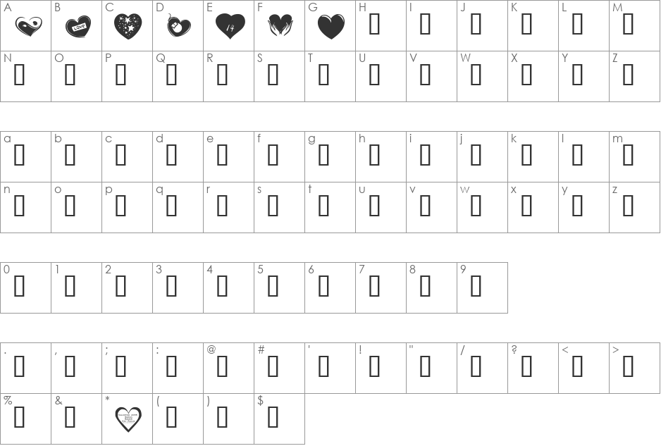 KR Valentines 2006 Six font character map preview