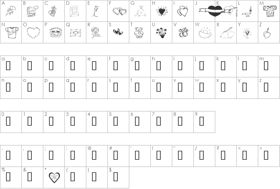 KR Valentines 2006 Ten font character map preview