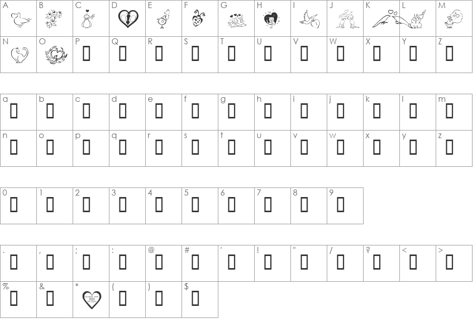 KR Valentines 2006 Three font character map preview