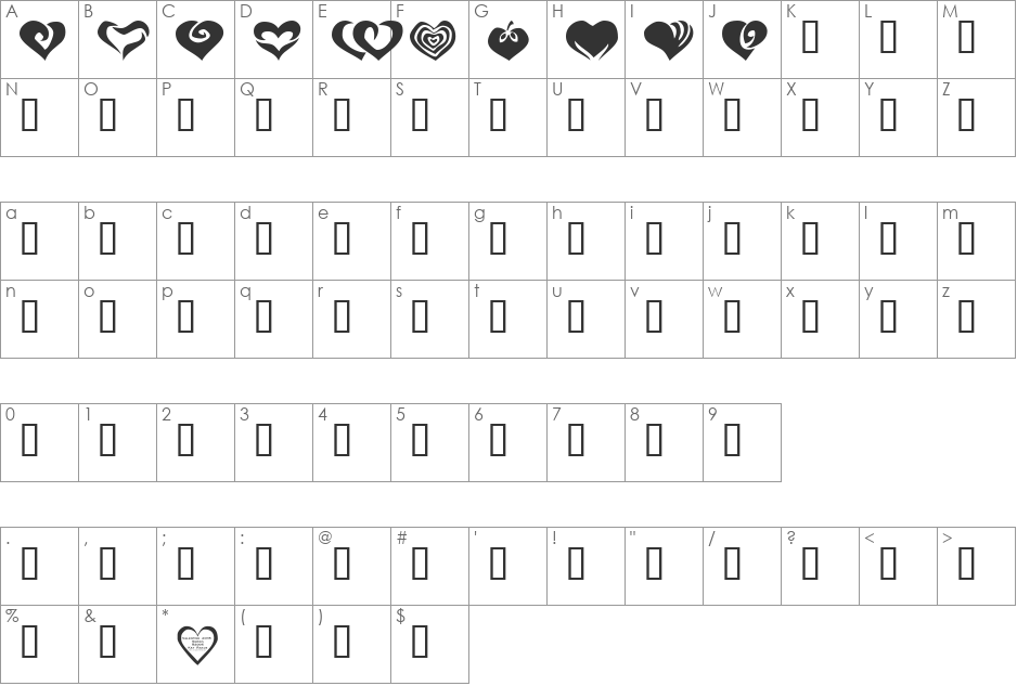 KR Valentines 2006 Two font character map preview