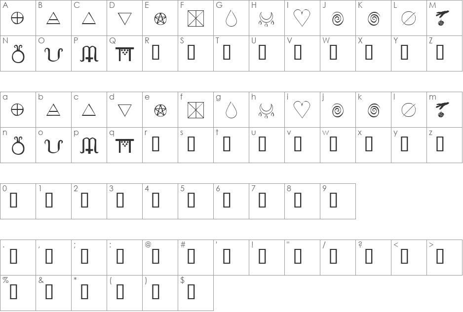 KR Wiccan Symbols font character map preview