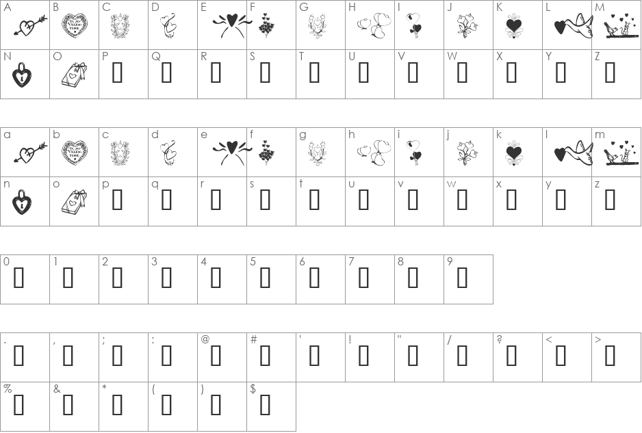 KR With Heart font character map preview