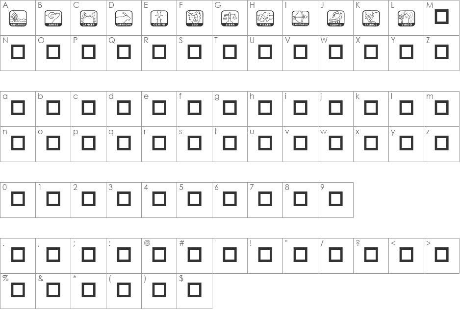 KR Zodiac Dings font character map preview