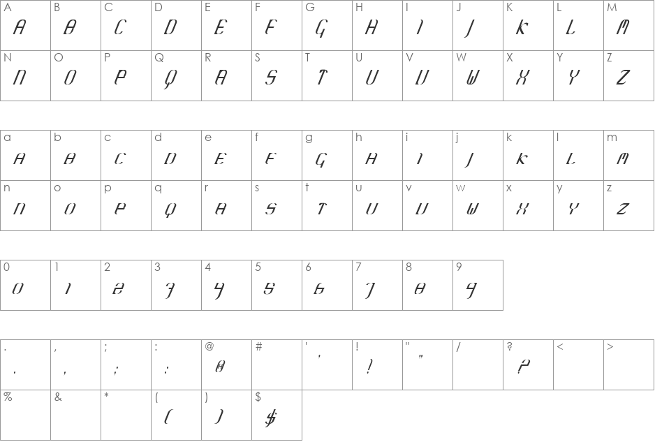 Krane font character map preview