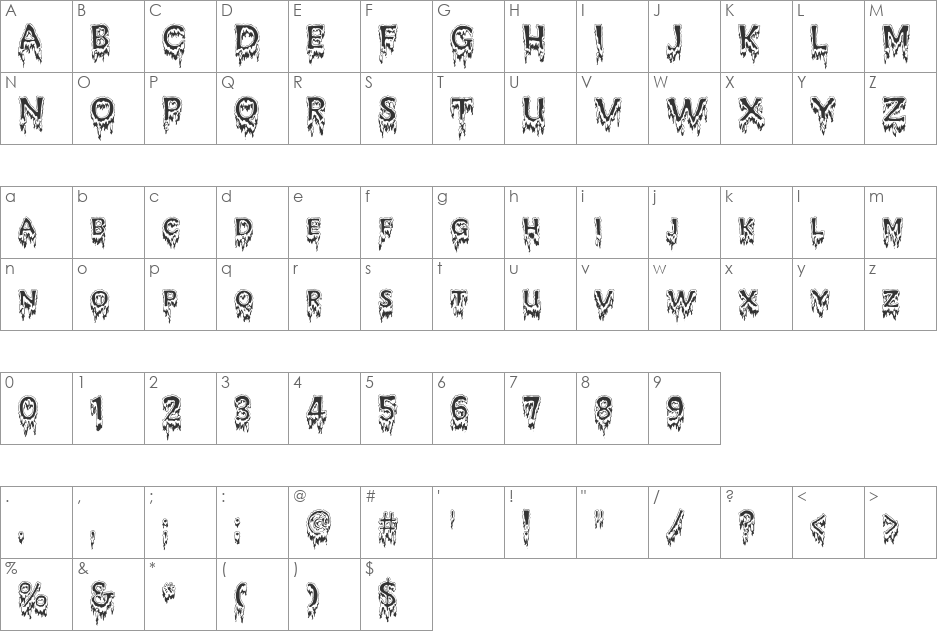 Kreepshow 'Frigid' font character map preview
