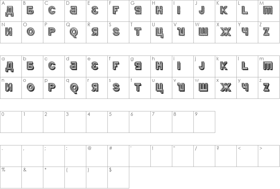 Kremlin Minister Black 3D font character map preview