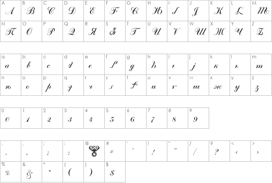 Kremlin Tsaritsa Script Italic font character map preview