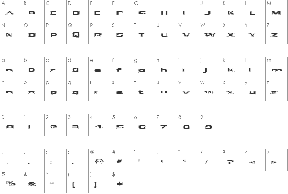 Kubra_Hollow font character map preview