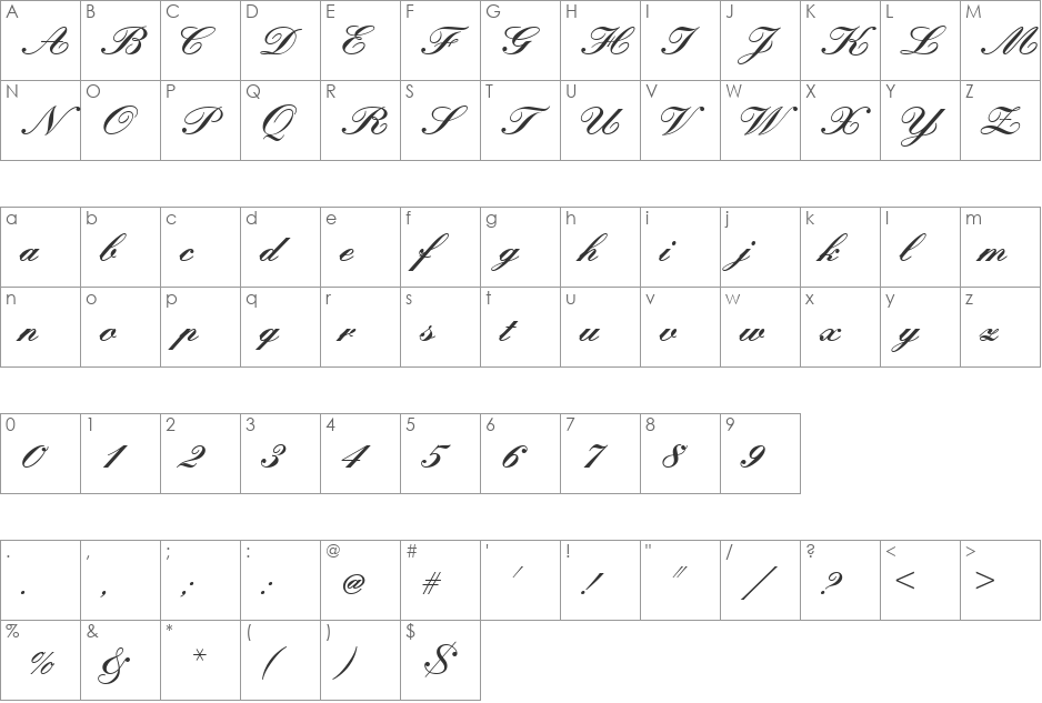 KunstlerschreibschJoiDBol font character map preview