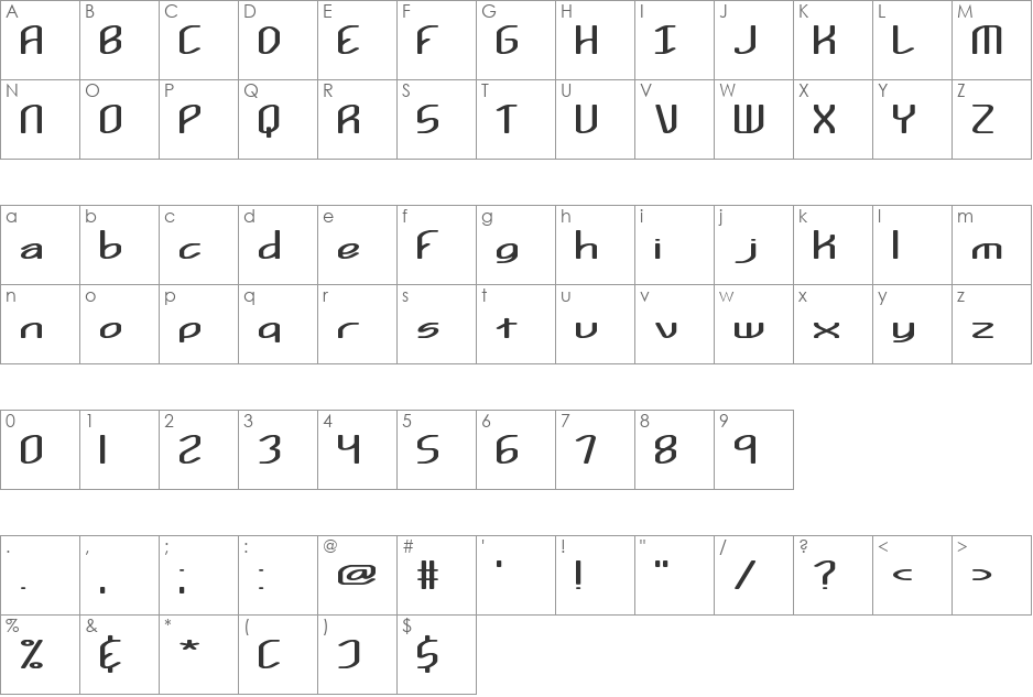 Kurvature (BRK) font character map preview