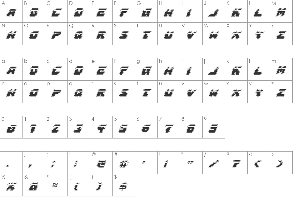 Astropolis Laser Academy Italic font character map preview