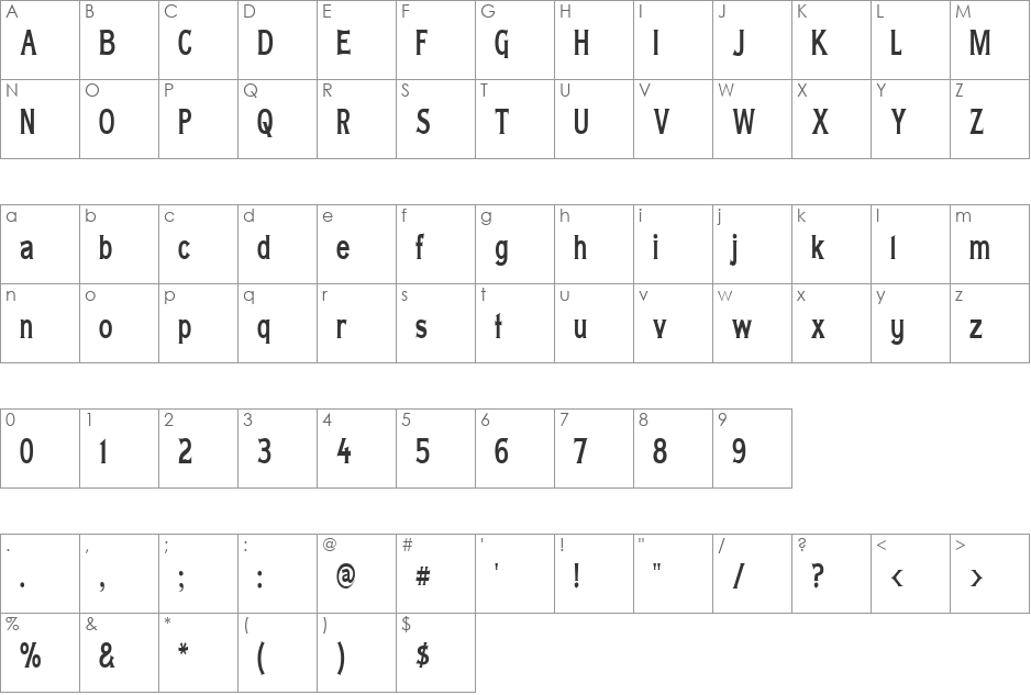 Lady Copra Narrow font character map preview