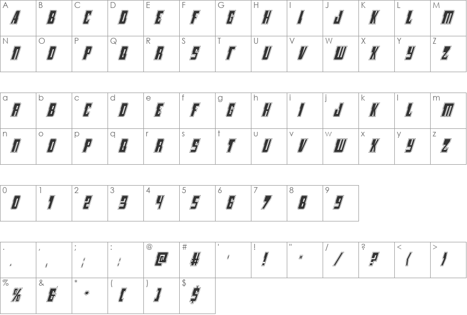 Lamprey Academy Italic font character map preview