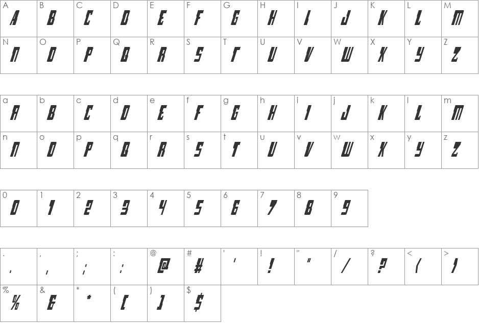 Lamprey Condensed Italic font character map preview