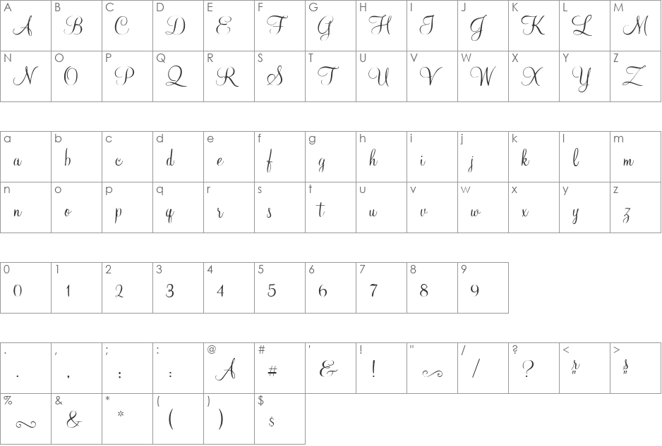 At Mahogany Script font character map preview