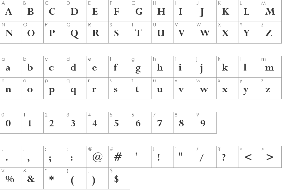 Lapidary333 BT font character map preview