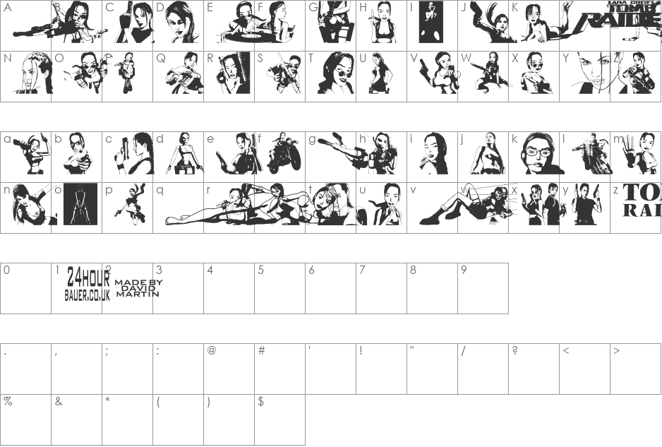 Lara Croft Tomb Raider font character map preview