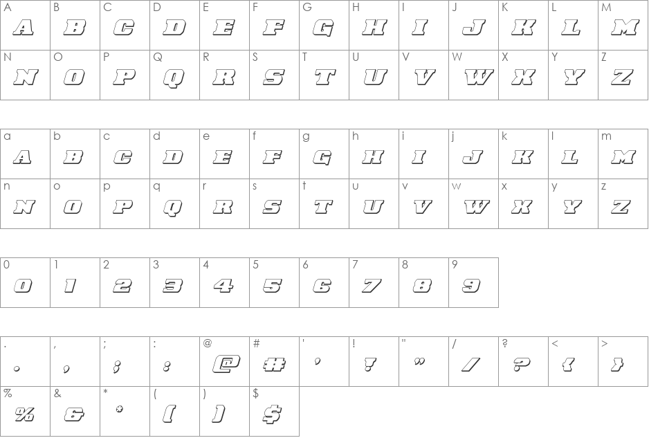 Laredo Trail 3D Italic font character map preview