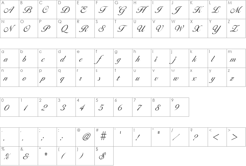 LarissaLight font character map preview