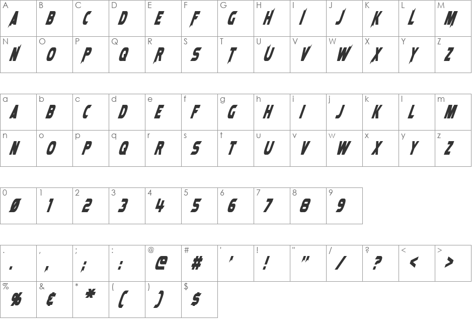 Laser Rod font character map preview