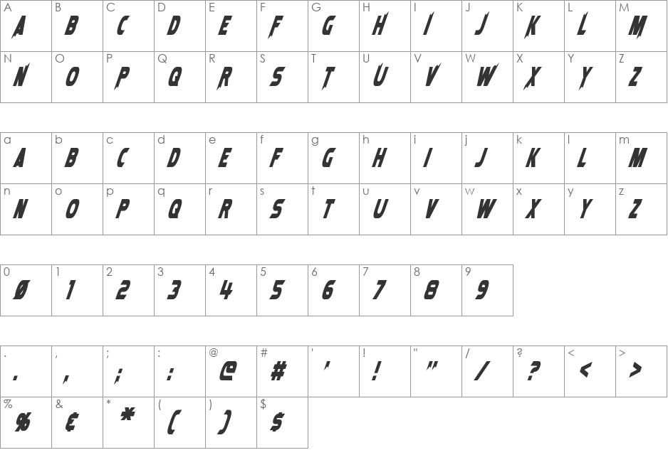 Laser Rod Oblique font character map preview