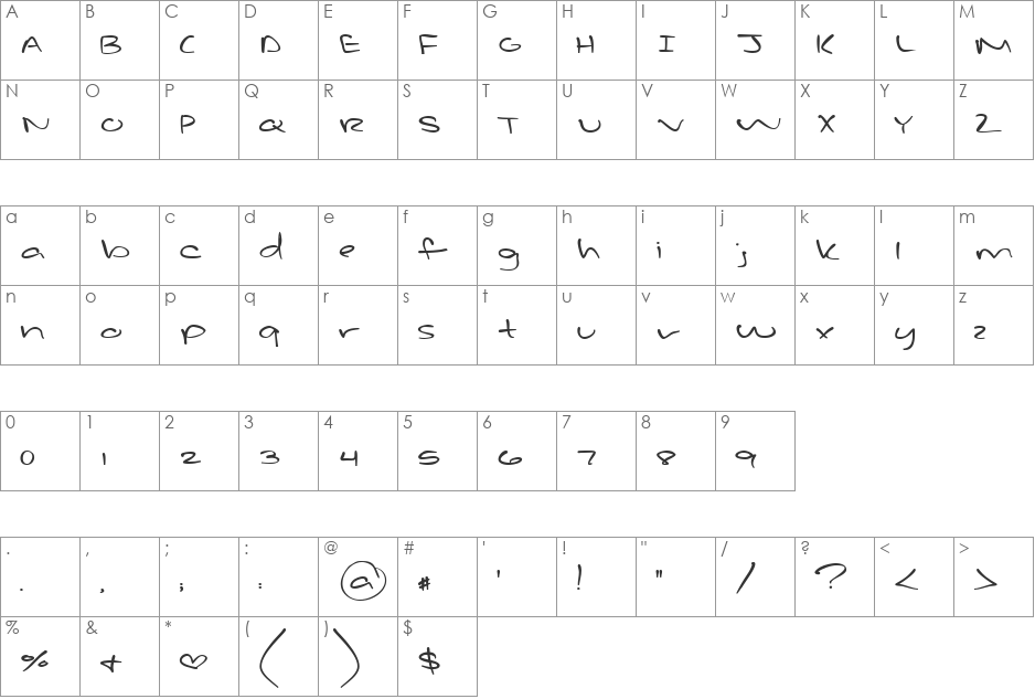 Late Night * Love Notes font character map preview