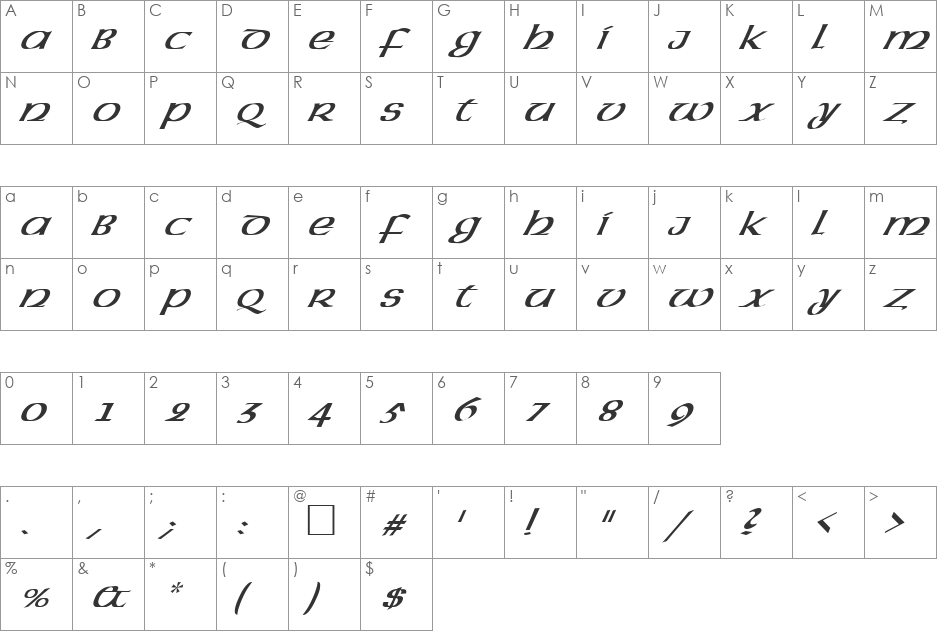 LateranItalic font character map preview