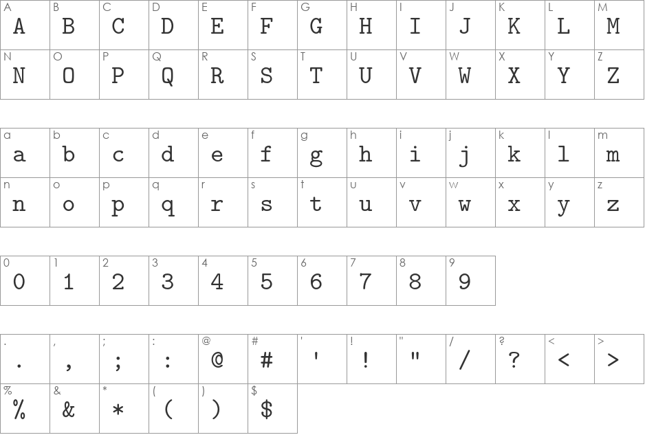 Latin Modern Mono font character map preview