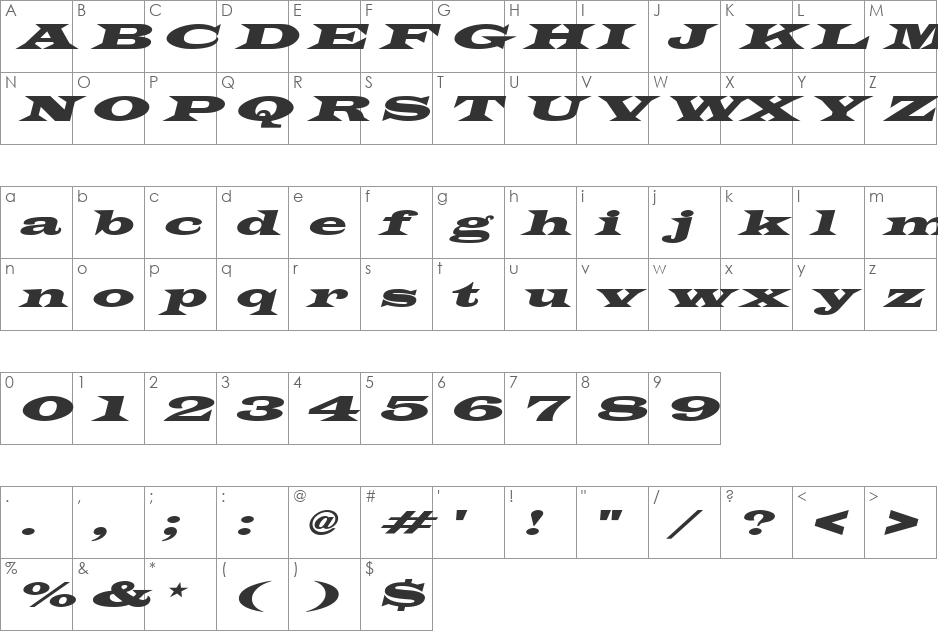 Latin-WideExtObl font character map preview