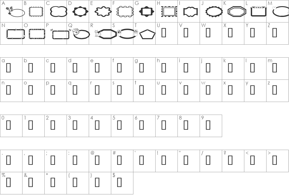 LCR FunFrames font character map preview