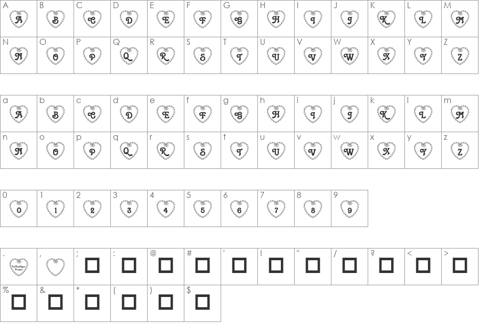 LCR Heartful Rose font character map preview